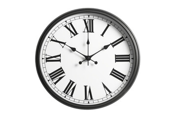A striking black and white clock adorned with intricate Roman numerals, exuding a sense of...