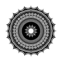 Beautiful therapeutic black and white mandala design on white isolated background. Vector Illustration.