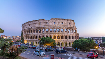 Colosseum day to night timelapse after sunset, Rome.
