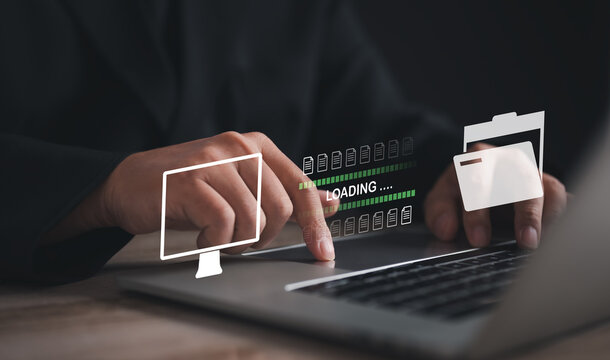 Encryption with file transfer concept : Business man use laptop for remote and download or upload folder document picture by internet connection with full access to remote files..	