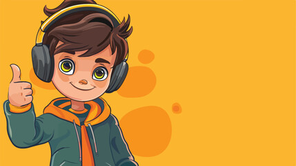 Cute boy with headphones showing thumbup on color background