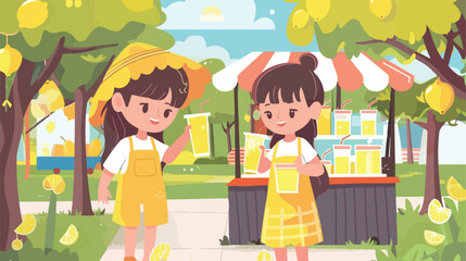Cute children selling lemonade in park Vector illustration