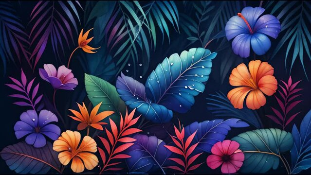 Fantasy tropical forest with lush palm trees, dense monstera foliage, and vibrant tropical hibiscus flowers