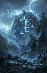 a digital art of a bitcoin symbol in the mountains