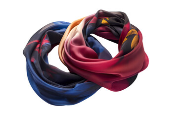 A vibrant red, yellow, and blue scarf floating elegantly on a crisp white background