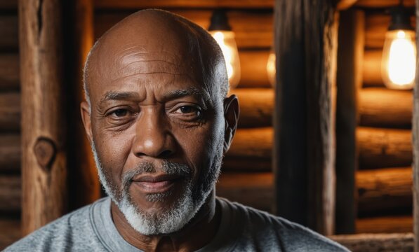 Close-up portrait of bald and bearded african american senior man in log cabin