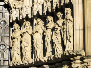 Sculptures representing the foolish Virgins on the outside of the St Marien church, the market...