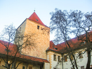 Some of the outer buildings of the of the sprawling Prague palace complex, in the golden last light...