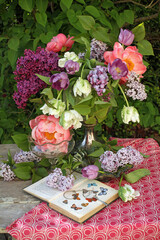 Spring flowers still life in a vase outdoors