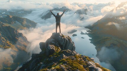 a man standing on a mountain with his arms raised - Powered by Adobe