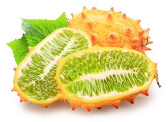 Kiwano fruit with  leaves and kiwano slices on white background.  File contains clipping path.