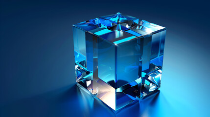 macro of ice cube ,3d render of blue cube on blue background with some smooth highlights ,Ice cube with reflection on blue background