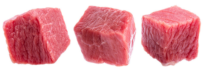 Set of three diced beef cuts isolated on white. File contains clipping paths.