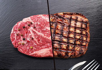 Beef steak consists of two part raw one and grilled. Conceptual picture of steak.
