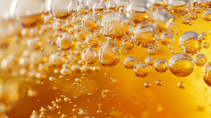 Macro shot of effervescent bubbles ascending in a beer glass. - obrazy, fototapety, plakaty