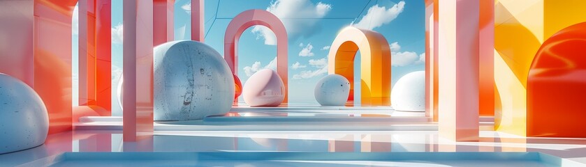 A colorful room with many different colored balls and a blue sky