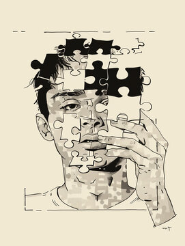 A person one building his personality with puzzle pieces