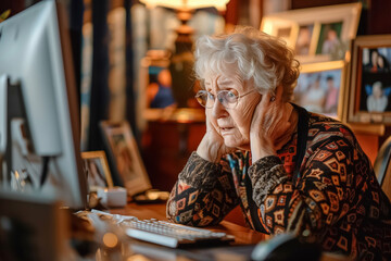 An elderly lady with glasses looks puzzled while trying to use a computer, highlighting the challenges of technology for seniors.