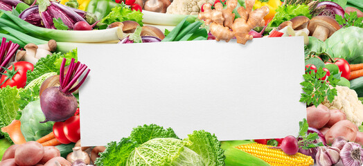 Empty white card and variety of fresh organic vegetables arranged as frame.