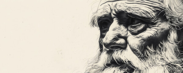 Detailed black and white drawing of an elderly man with wrinkles and a stern expression