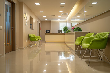 Modern hospital waiting room with reception desk and chairs.