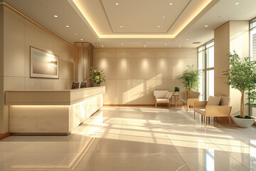 Modern hospital waiting room with reception desk and chairs.