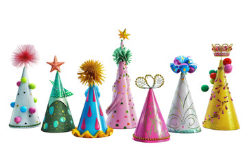 Colorful party hats adorned with vibrant decorations ready for a celebration