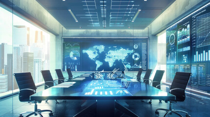 A modern conference room featuring a sleek glass table surrounded by chairs. The room is well-lit with minimalist decor