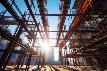 Obraz premium A Dynamic Display of Progress: The Intricate Dance of Cranes and Steel at a Bustling Skyscraper Construction Site Under the Midday Sun