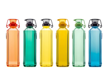 Array of colorful bottles with varying lids standing in a neat row