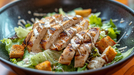A fresh and vibrant Caesar salad, topped with crunchy croutons, grilled chicken, and a creamy dressing.