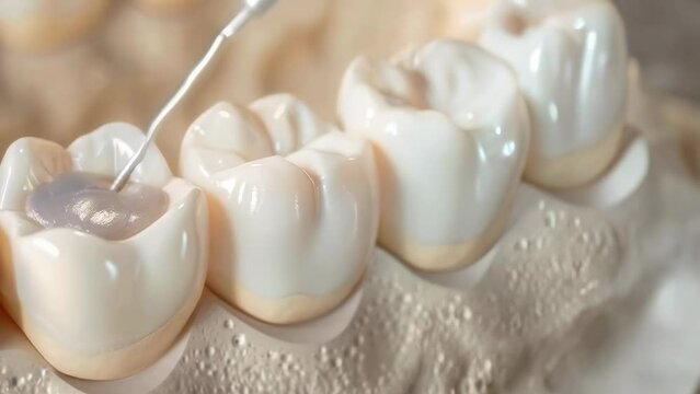 This detailed close-up captures the precision of a dental filling procedure, highlighting the delicate balance of dental health modern medical technology. Dental problems and tooth decay. Jaw surgery