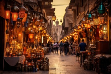A Bustling Middle Eastern Bazaar at Sunset, with Colorful Stalls, Intricate Lanterns, and a Multitude of People Engaging in Trade