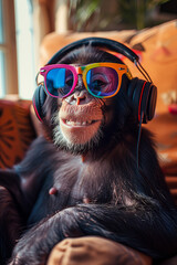 A monkey wears colorful sunglasses and Bluetooth headphones in the living room.