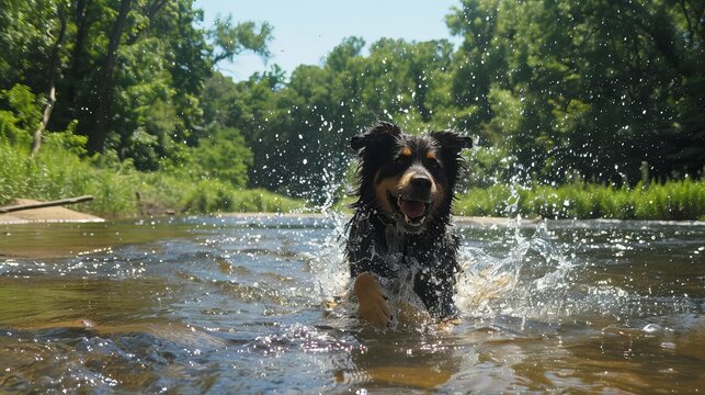 A happy dog splashed in the cool river on a hot summer day.
