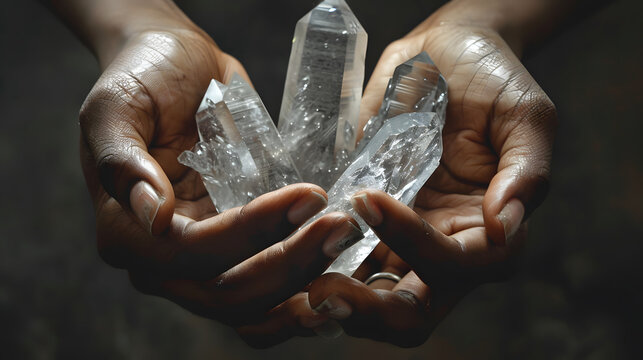 Detailed view of two hands holding together three big crystal shards formed in the shape of a bird symbol. 
