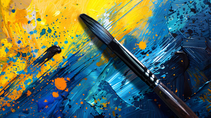 Digital art of a paintbrush over a canvas. with splattered paint symbolizing the exploration of creativity in art