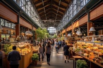 A Bustling Indoor Farmer's Market Scene with a Variety of Organic Stalls, Fresh Produce, and Local Artisan Crafts Underneath a Vintage Loft-Style Architecture