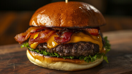 A juicy and perfectly grilled cheeseburger topped with melted cheddar and crispy bacon, served on a...