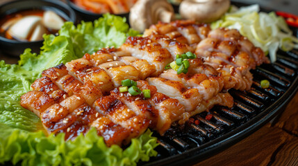 A low-angle shot of a plate of samgyeopsal, a popular Korean barbecue dish of grilled pork belly. The meat is sliced thinly and has a crispy edge and a juicy center. 