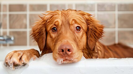 A golden-brown dog named Nova Scotia Duck Tolling Retriever enjoys a bath at home.