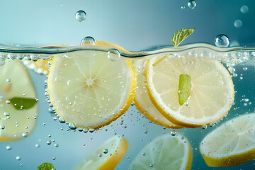 Close up of sliced lemons and limes splashing in water.