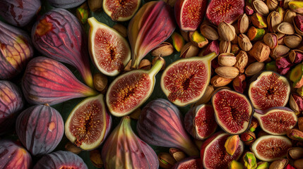 A macro shot showcasing the intricate patterns and textures of dried figs and pistachios, inviting viewers to savor the beauty of nature's bounty.