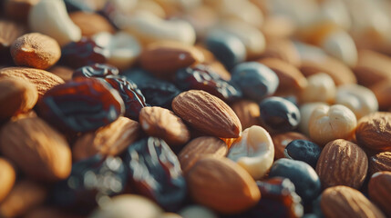 A macro shot capturing the intricate textures of almonds, cashews, and raisins, highlighting their...