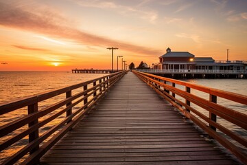 A serene sunrise over a public fishing pier, with fishermen casting their lines and seagulls soaring overhead, in a quaint coastal town