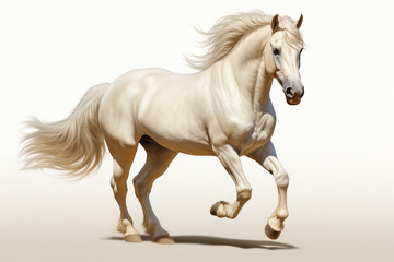 White horse with long mane running on white background. 3d rendering