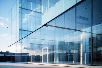 A Modern Architectural Marvel: Glass Facade of a Contemporary Building Interrupted by Strong Concrete Pillars Under the Clear Blue Sky