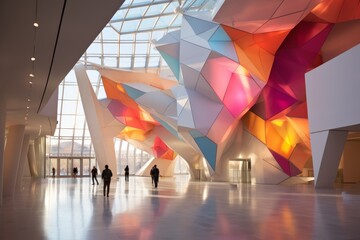 An Aesthetic View of a Modern Art Gallery Featuring Abstract Design Elements, with Brightly Lit...