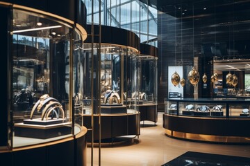 Elegant Watch Shop with a Luxury Feel, Showcasing High-End Timepieces in a Sophisticated Setting with Modern Architecture