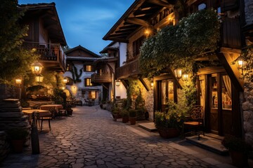 Fototapeta premium A Traditional Inn Nestled in a Quaint Village, Illuminated with Warm and Cozy Lighting, Inviting Travelers for a Comfortable Stay
